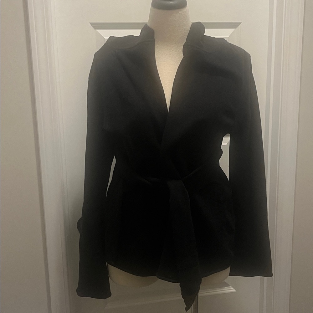 Lucky Brand Black Hooded Wrap Jacket Tie Waist 100% Cotton Washable Large y2k